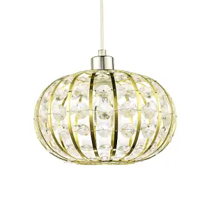 Modern Gold Plated Basket Cage Style Pendant Shade with Clear Acrylic Beads