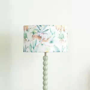 Sage Green Bobbin Stem Table Lamp with Tropical Drum Shade for Living Room Bedroom - LED Bulb Included