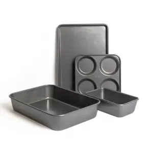 4pc Non-Stick Bakeware Set including Roasting Pan, Baking Tray, 2lb Loaf Tin & 4-Hole Yorkshire Pudding Pan