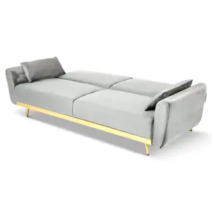 Libbie 3 Seater Light Grey Velvet Sofa Bed with Gold Detail