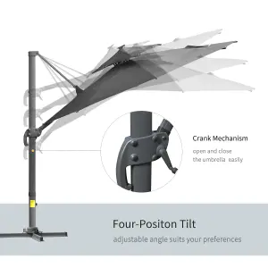 Outsunny 3m Cantilever Parasol Solar Lights Power Bank Base 360 degree Spin Dark Grey