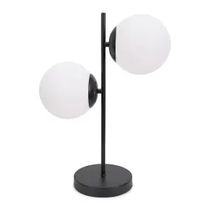 ValueLights Jas Black 2 Way Table Lamp with White Frosted Glass Globe Shades