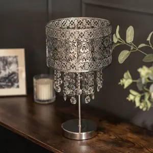 ValueLights Enna Silver Moroccan Style Bedside Table Lamp with Acrylic Jewel Droplet Drum Lampshade