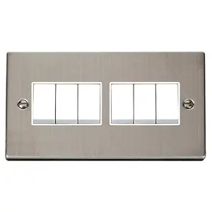 Stainless Steel 10A 6 Gang 2 Way Light Switch - White Trim - SE Home