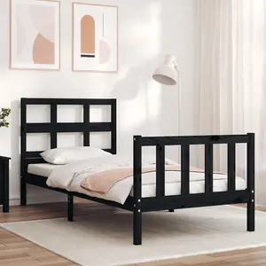 Berkfield Bed Frame with Headboard Black Small Single Solid Wood