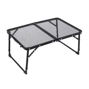 Black Aluminum Alloy Portable Outdoor Folding Camping Table with Mesh Top, Stability Brackets, and Storage Bag