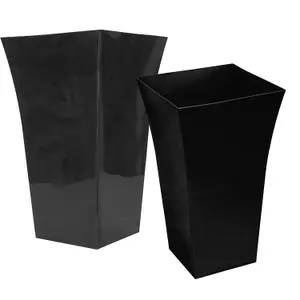 2x Tall Black Milano Shiny Gloss Finish Plastic Flower Planters For Home & Gardens