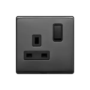 Black Nickel Screwless Plate 13A 1 Gang Switched Plug Socket, Double Pole - Black Trim - SE Home