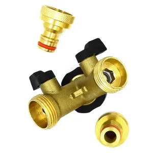 2 Way Garden Tap Connector, Brass Garden Hose Tap Y Splitter Connector with Individual On/Off Valves and 2 Quick Hose Connectors