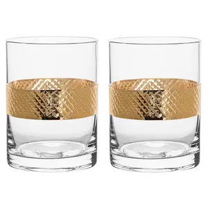 Set of 2 Whisky Tumblers Geometric Embossed Gold Diamond Band Whiskey Glasses