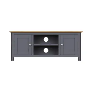 2 Door Solid Oak Ready Assembled TV Unit Graphite Blue