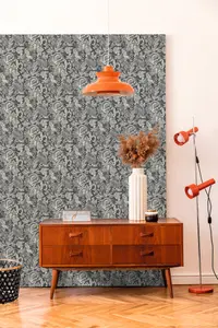 Grandeco Mae Painted Jungle Leaves Linen Textured Wallpaper, Charcoal Black