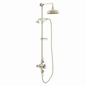 ENKI Downton English Gold White Traditional 2-Outlet Brass Thermostatic Shower Set with Rigid Riser Rail 200mm