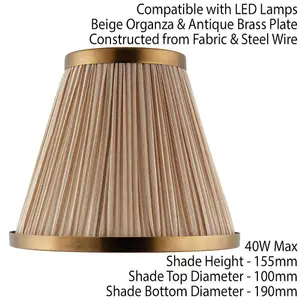 8" Luxury Round Tapered Lamp Shade Beige Pleated Organza Fabric & Antique Brass