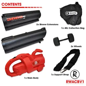 RocwooD Electric Blow Vac 3000W 40L Collection Bag 10M Cable