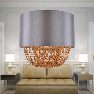 First Choice Lighting Set of 2 Grey Faux Silk & Copper Jewelled Ceiling Light Shades