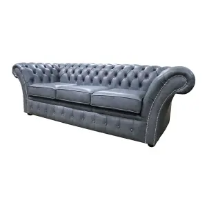 Chesterfield 3 Seater Sofa Settee Stella Liquorice Grey Leather In Balmoral Style