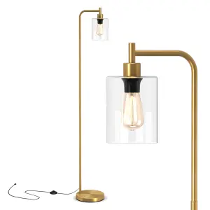 COSTWAY Industrial Floor Lamp Standing Lamp with Hanging Glass Lampshade & Foot Switch Golden