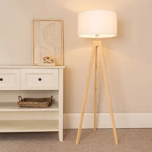 ValueLights Jackson Natural Wood Tripod Floor Lamp with White Fabric Lamp Shade