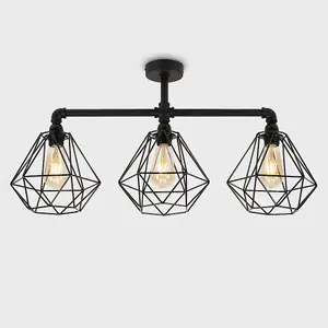 ValueLights Luiggi Satin Black 3 Way Bar Pipework Ceiling Light with Basket Cage Design Black Metal Shades and LED Bulbs