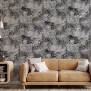 Carrara Charcoal Grey & Gold Metallic Marble Wallpaper MC7115