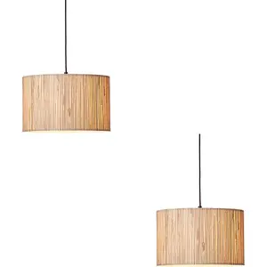 2 PACK Hanging Ceiling Pendant Light - Natural Seagrass & Matt Black - 10W LED E27