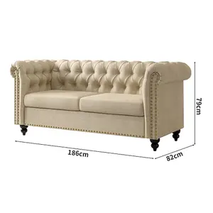 MCC Direct Large 2 seater Chesterfield Style Button back Sofa/Couch Linen Fabric Settee Beige - Victoria