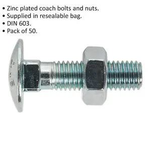 50 Pack Zinc Plated M10 Coach Bolts and Nuts - Durable DIN 603 Fasteners