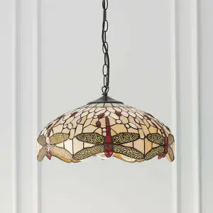 Tiffany Glass Hanging Ceiling Pendant Light Bronze Chain Dragonfly Shade i00106