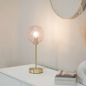 ValueLights Frenchie Brushed Gold Metal Table Lamp with Pink Tinted Glass Globe Shade - LED Bulb Included