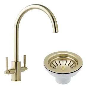 Newbury Brushed Brass Dual Lever Kitchen Sink Mixer & Basket Strainer Waste (No Overflow)