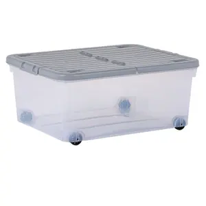 3 x Wham 30L Stackable Plastic Storage Box with Wheels & Folding Lid Clear/Cool Grey