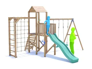 Dunter House Climbing Frame with Swings, Slide, Bars & Net BalconyFort High Platform