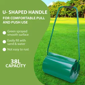 GARDEN LAWN METAL WATER SAND FILLED MANUAL GRASS ROLLER 38L