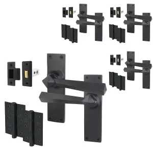 AFIT Black Iron Door Handle Latch Set - 4 Pairs of Black Antique Internal Handles, Hinges 76mm & Latches 64mm - Tudor Range