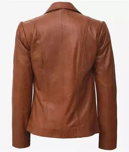 Womens Two Button Brown Leather Blazer - Casual Leather Jacket Blazer In UK