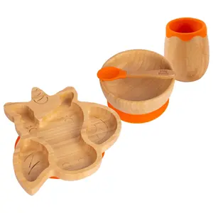 Tiny Dining - Unicorn Bamboo Suction Baby Feeding Set - Orange - 4pc