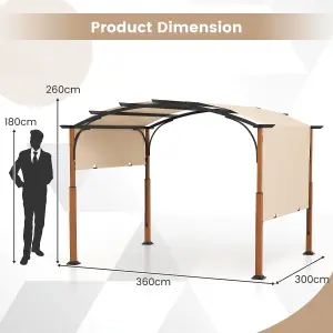 Costway 300 x 360cm Arched Patio Pergola w/ Retractable Canopy Outdoor Metal Gazebo