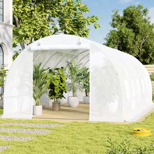 White Walk In Steel Frame Garden Tunnel Greenhouse Grow House with Roll Up Door Windows, 6x3x2M