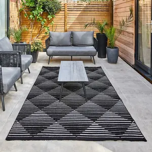 Black Outdoor Rug, Geometric Striped Stain-Resistant Rug For Patio Decks, 3mm Modern Outdoor Area Rug- 190cm X 290cm