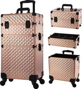 Professional Makeup Trolley Box 3 Tiers Vanity Rolling Case Cosmetic Organiser Box Beauty Case On Wheels Storage Case Lockable With Locks, Rose Gold