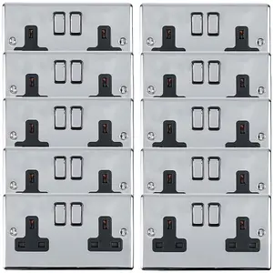 10 PACK 2 Gang Double UK Plug Socket POLISHED CHROME 13A Switched Black Trim