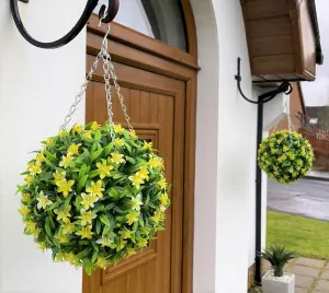 Best Artificial 28cm Yellow Lily Hanging Basket Flower Topiary Ball - Suitable for Outdoor Use - Weather & Fade Resistant