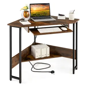 COSTWAY Corner Desk with Power Outlets Computer Desk with Keyboard Tray