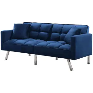 Sofa Bed 2 Seater Blue Velvet Click Clack Sofa Settee Recliner Couch with Metal Legs 2 Pillows