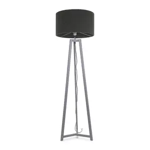 ValueLights Lottie Grey Wood Tripod Floor Lamp with Charcoal Grey Boucle Drum Shade - LED Bulb Included