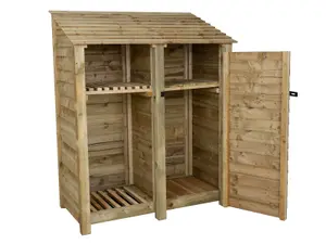 Wooden tool and log store, garden storage with shelf W-146cm, H-180cm, D-88cm - natural (light green) finish