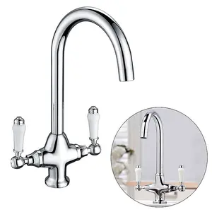 Twin Lever Traditional Mono Kitchen Sink Mixer Brass Tap Spout Ceramic Handle