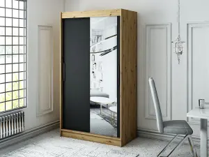 Leto T2 Contemporary 2 Sliding Mirror Door Wardrobe 5 Shelves 2 Rails Black Matt and Oak Effect (H)2000mm (W)1200mm (D)620mm