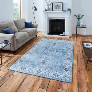 Light Blue Traditional Bordered Geometric Rug for Bedroom & Living Room-60 X 225cm (Runner)